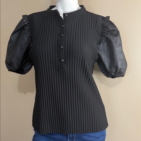 Marc New York Tops - Marc New York Black Textured Puff Faux Leather Short 5-Button Top